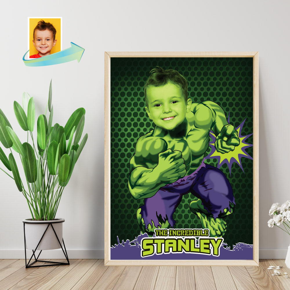 Personalized Hulk Poster featuring child as main Avenger, Printable Hulk gift with photo. 089PG