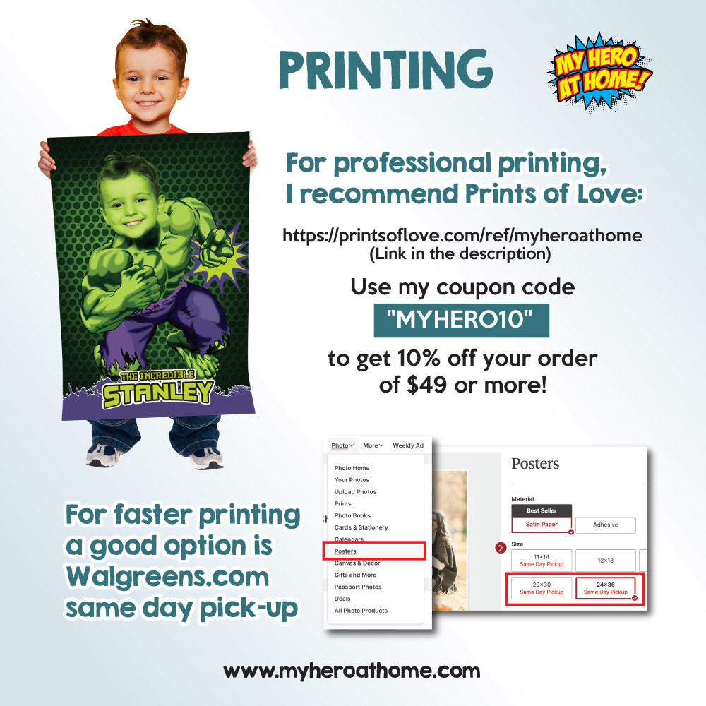 Personalized Hulk Poster featuring child as main Avenger, Printable Hulk gift with photo. 089PG