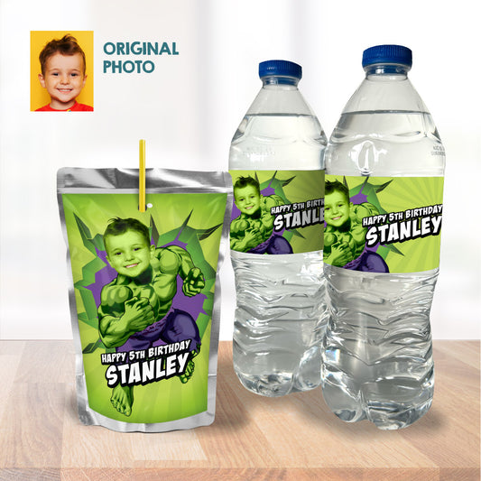 Personalized Hulk water wrappers and juice labels featuring birthday boy as Hulk. 089WJ