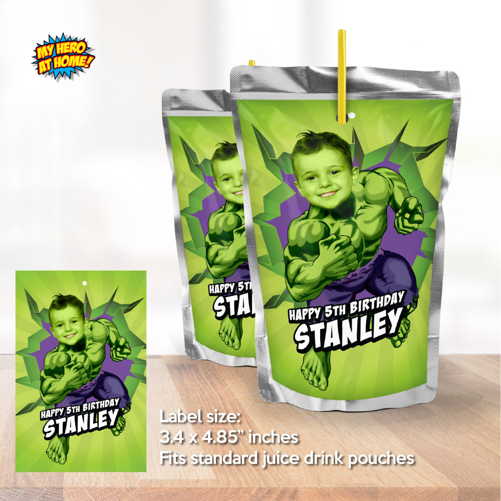 Personalized Hulk water wrappers and juice labels featuring birthday boy as Hulk. 089WJ