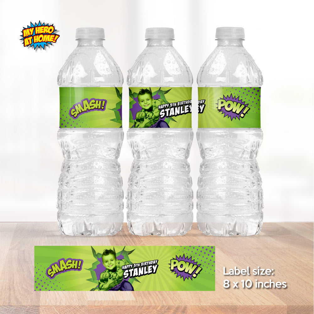 Personalized Hulk water wrappers and juice labels featuring birthday boy as Hulk. 089WJ