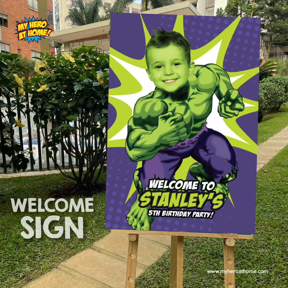 Personalized Hulk Welcome sign featuring birthday boy as his favorite superhero (Superheroes Signs) 089WS