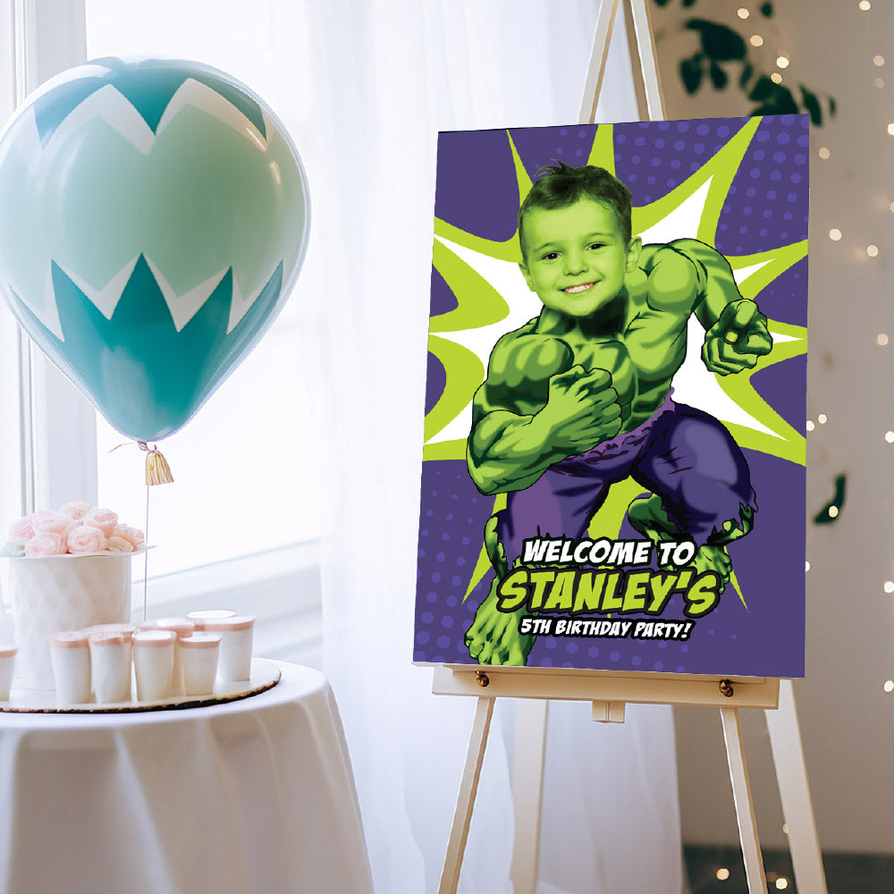 Personalized Hulk Welcome sign featuring birthday boy as his favorite superhero (Superheroes Signs) 089WS