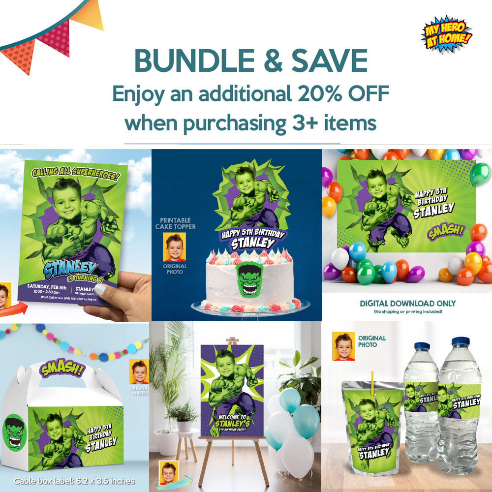 Customized Hulk Party Bundle with birthday kid as the star: Invitation, Thanks, Cake, Welcome. 089B2B