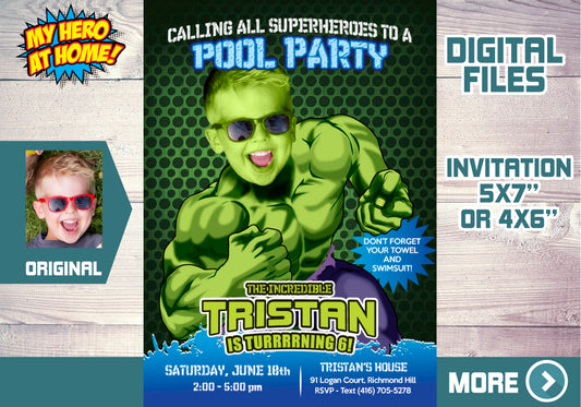 Custom Hulk Pool Party Photo Invitation Featuring Kid as the Star Superhero. 090