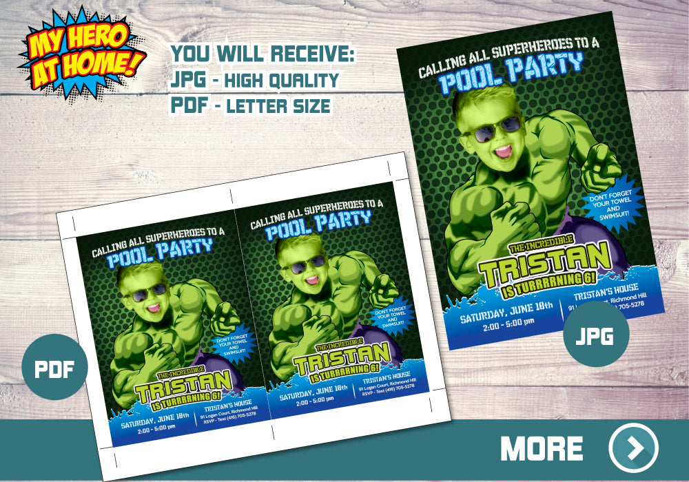 Custom Hulk Pool Party Photo Invitation Featuring Kid as the Star Superhero. 090