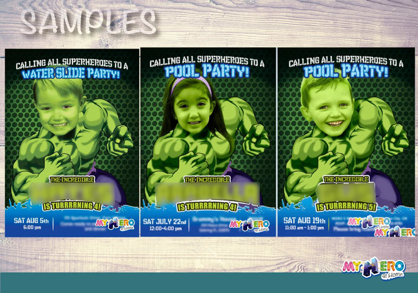 Custom Hulk Pool Party Photo Invitation Featuring Kid as the Star Superhero. 090