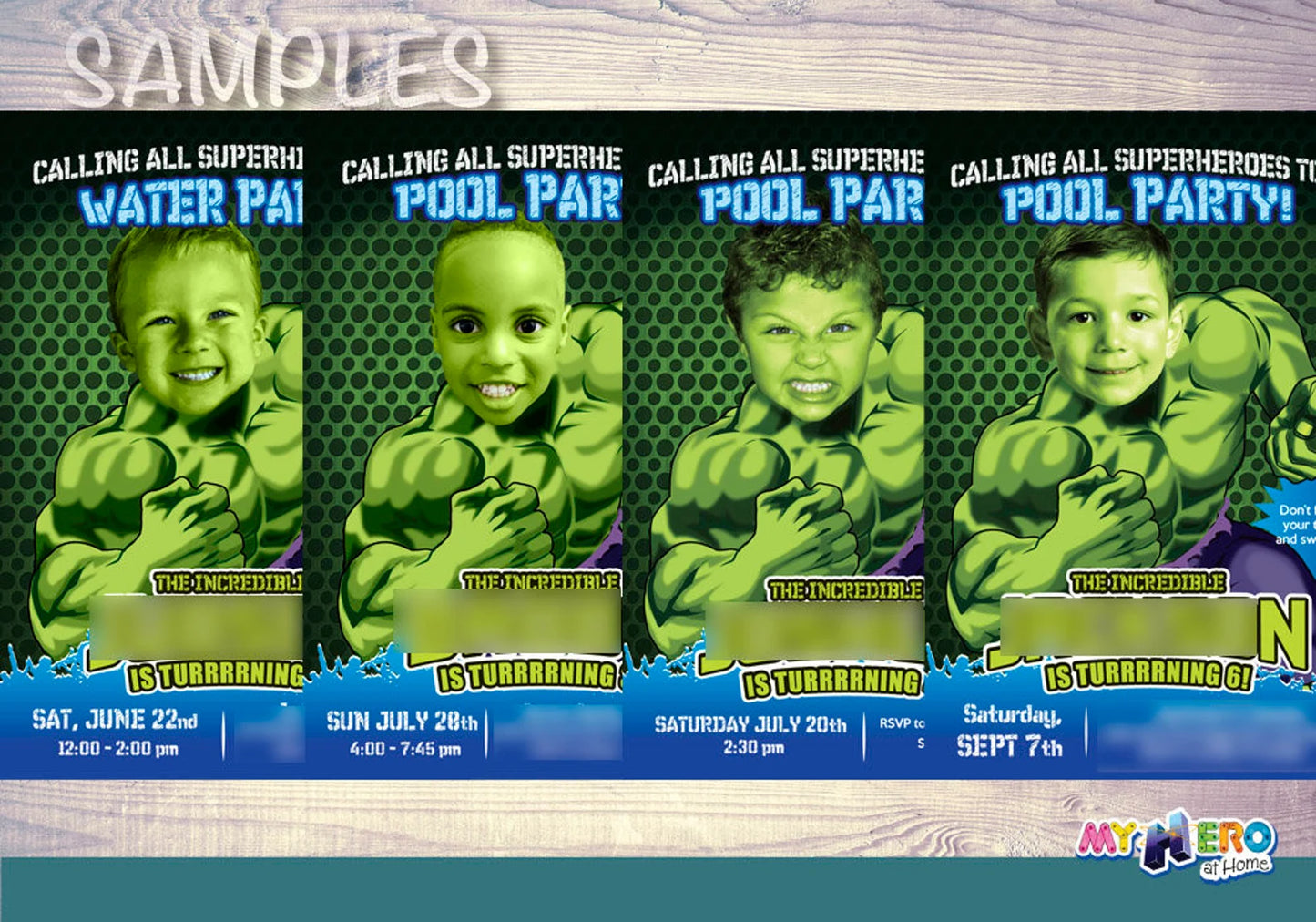 Custom Hulk Pool Party Photo Invitation Featuring Kid as the Star Superhero. 090