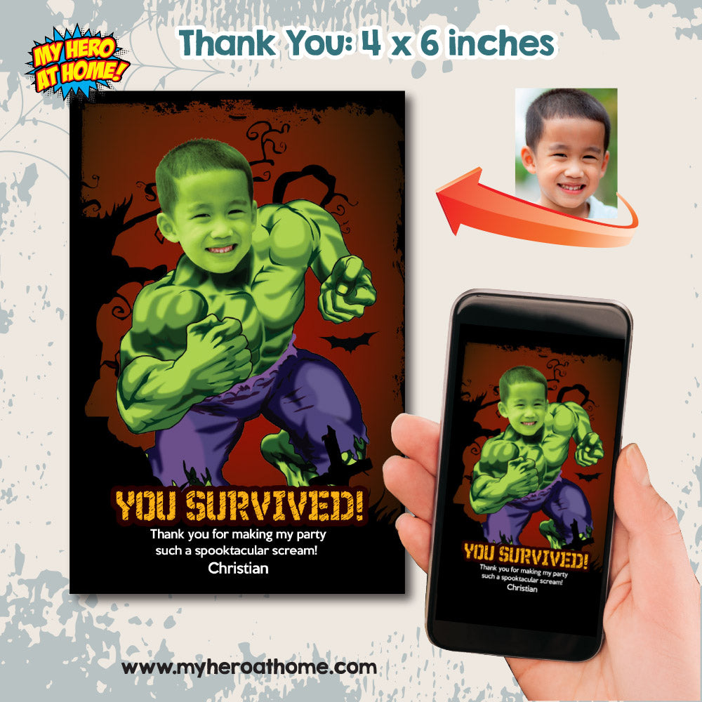 Hulk Halloween Invitation with your kid as Hulk, Hulk Halloween birthday, Halloween Hulk thank you tags, Hulk Spooky party. 091B