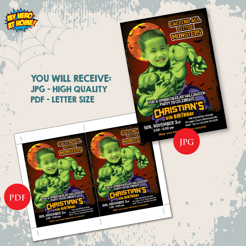Hulk Halloween Invitation with your kid as Hulk, Hulk Halloween birthday, Halloween Hulk thank you tags, Hulk Spooky party. 091B