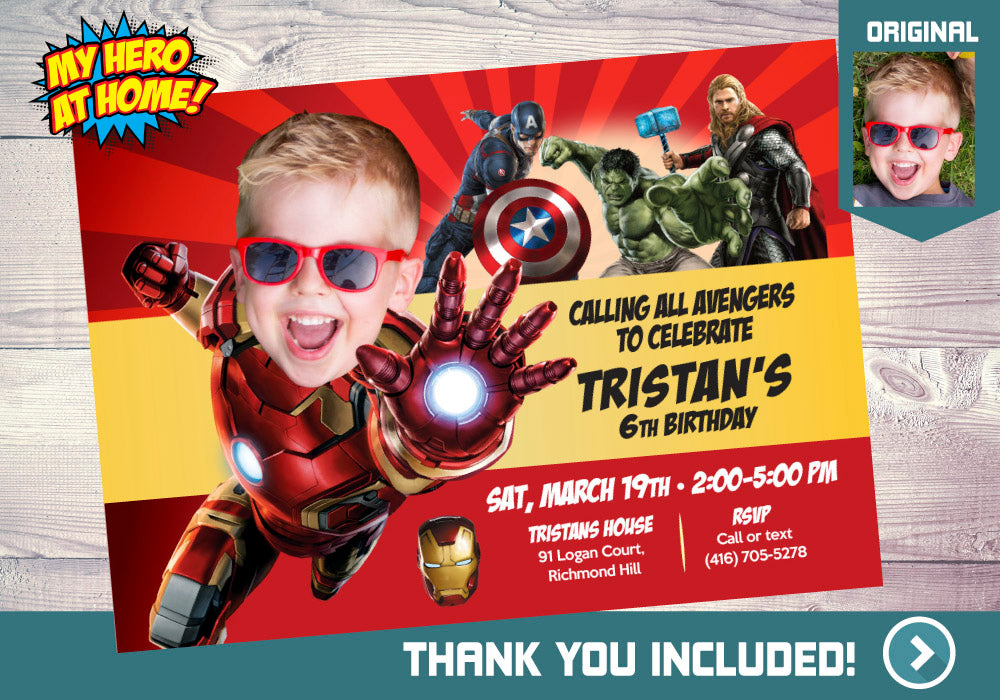 Custom Ironman Avengers Birthday Invitation with kid as the star. 097C