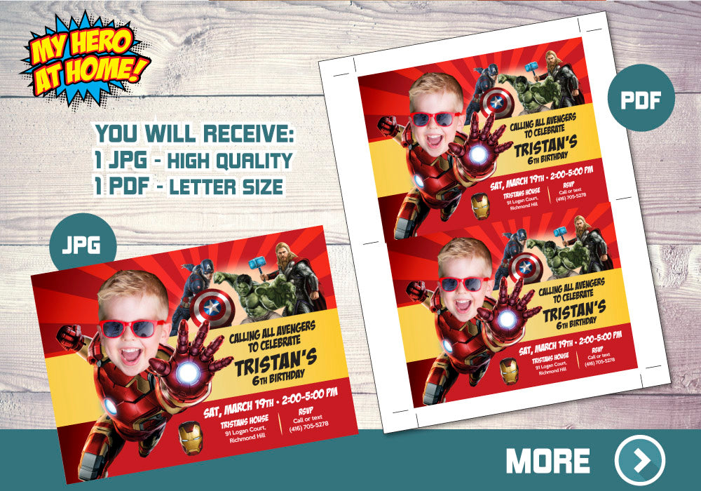 Custom Ironman Avengers Birthday Invitation with kid as the star. 097C