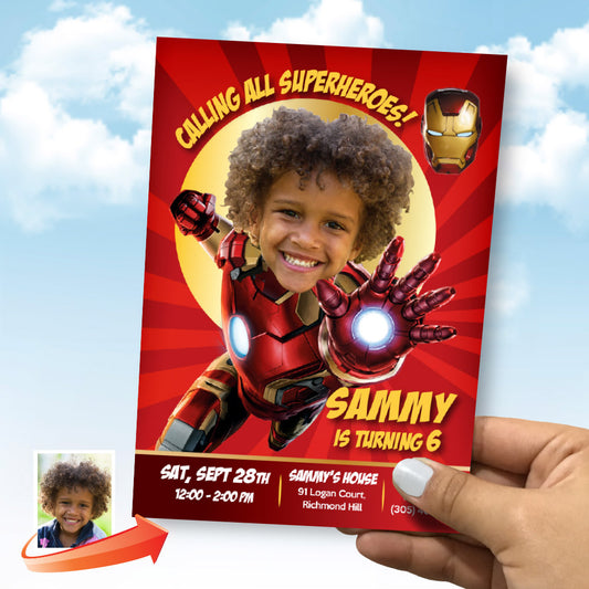 Personalized Iron Man Birthday Invitation featuring child as his favorite Avenger. 098IN