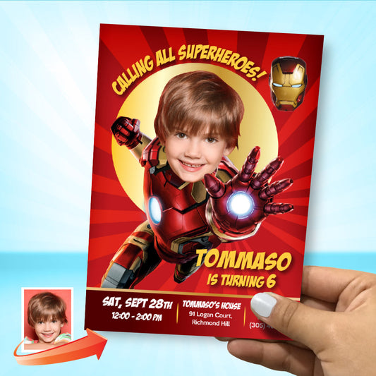 Custom Ironman Birthday Invitation featuring kid as favorite Avenger. 098C