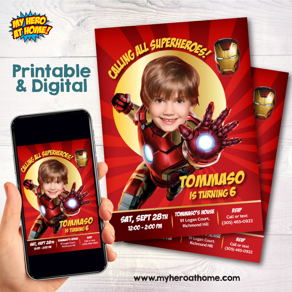 Custom Ironman Birthday Invitation featuring kid as favorite Avenger. 098C