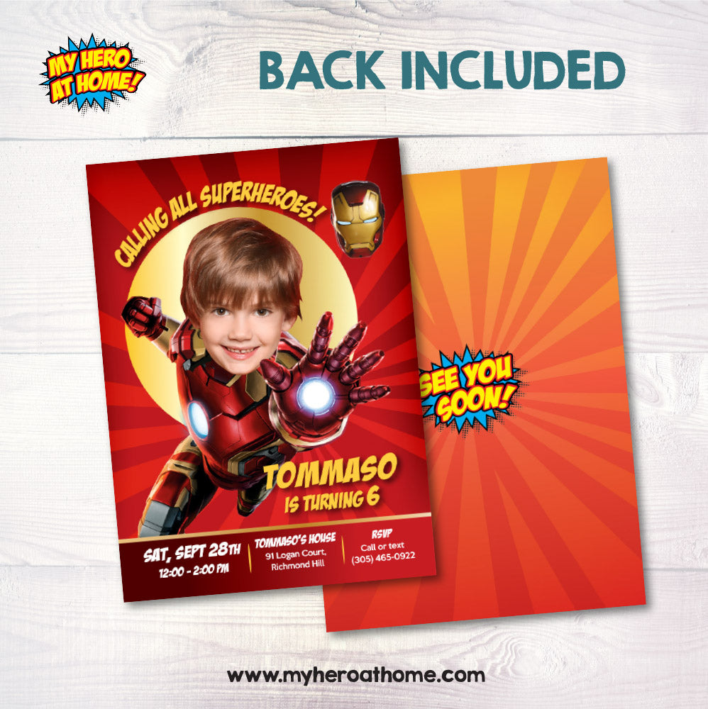 Custom Ironman Birthday Invitation featuring kid as favorite Avenger. 098C