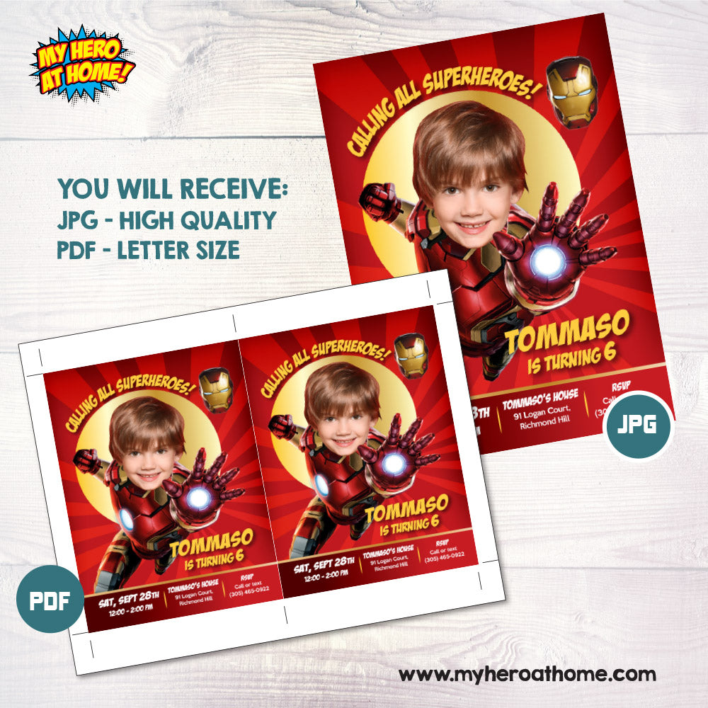 Custom Ironman Birthday Invitation featuring kid as favorite Avenger. 098C