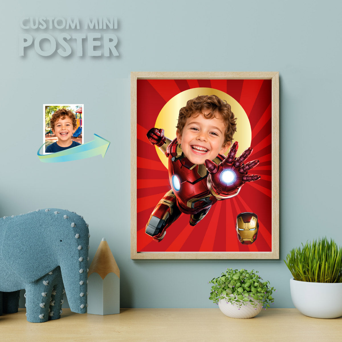 Personalized Iron Man Gifts with photo, Ironman Print Featuring Child as the Star. 098PS2
