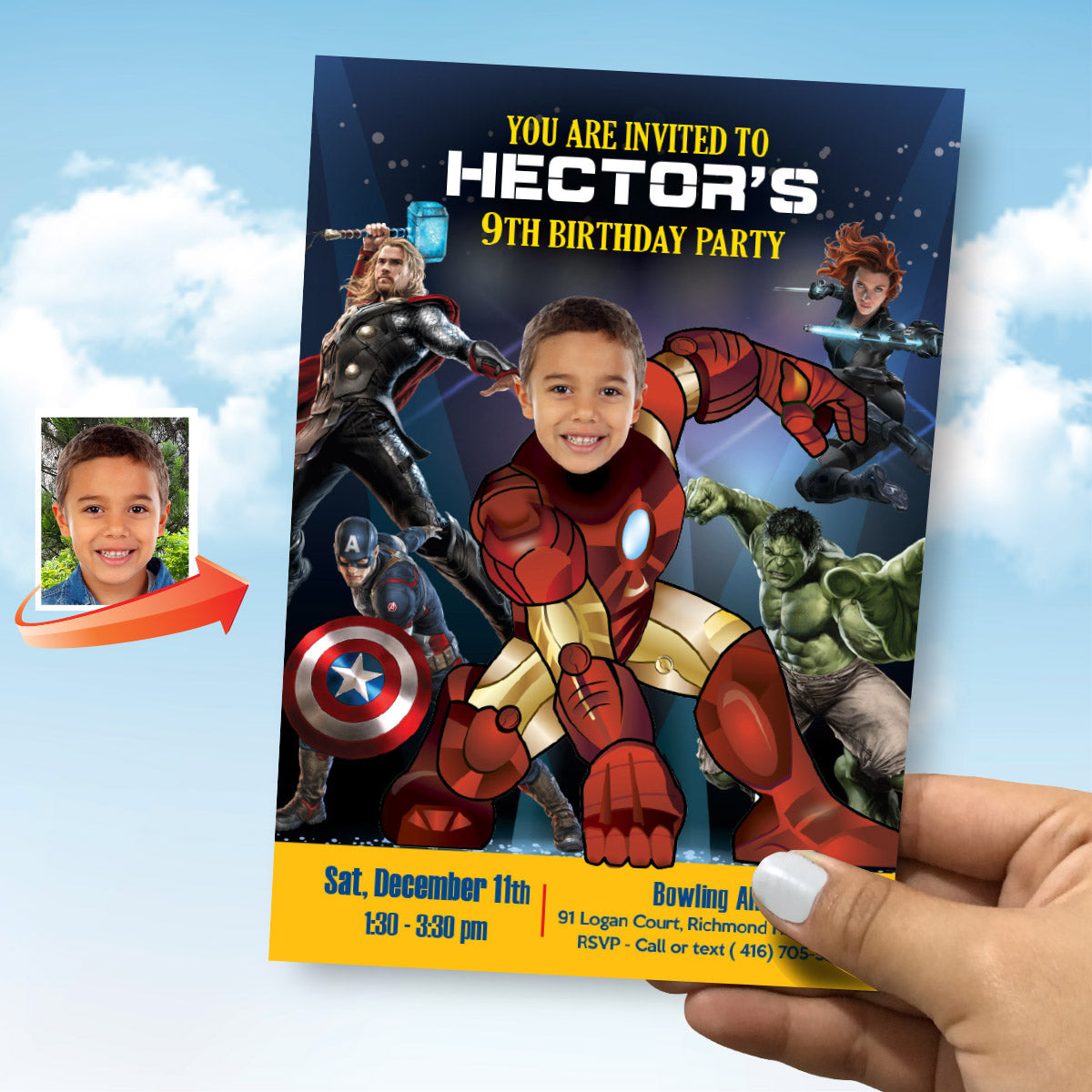 Custom Iron Man Birthday Invitation Featuring Kid as the Ironman. 099