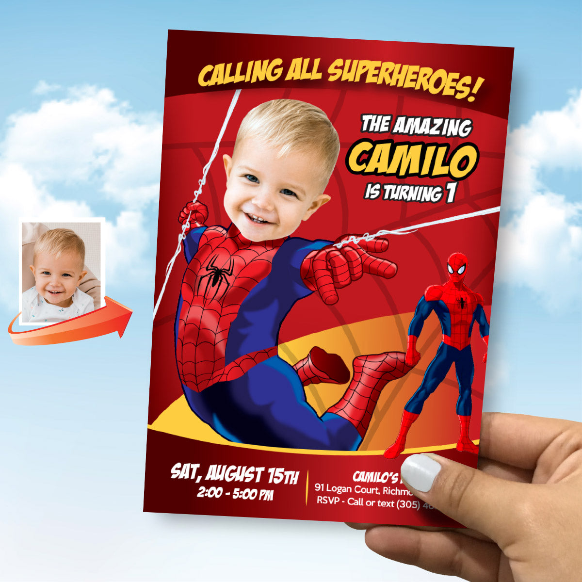 Custom Spiderman 1st Birthday Invitation featuring baby as a super cute Spiderman. 100