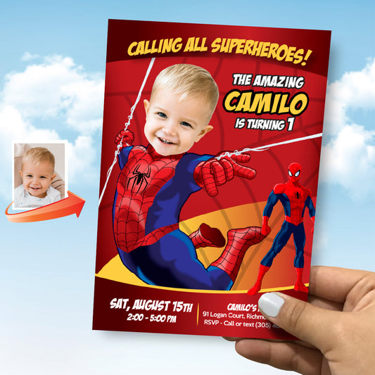 Custom Spiderman 1st Birthday Invitation featuring baby as a super cute Spiderman. 100