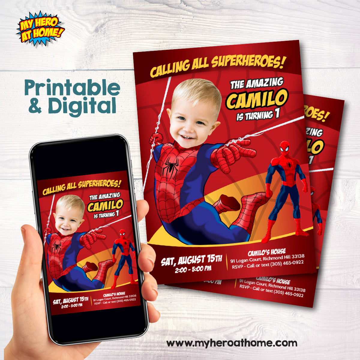 Custom Spiderman 1st Birthday Invitation featuring baby as a super cute Spiderman. 100