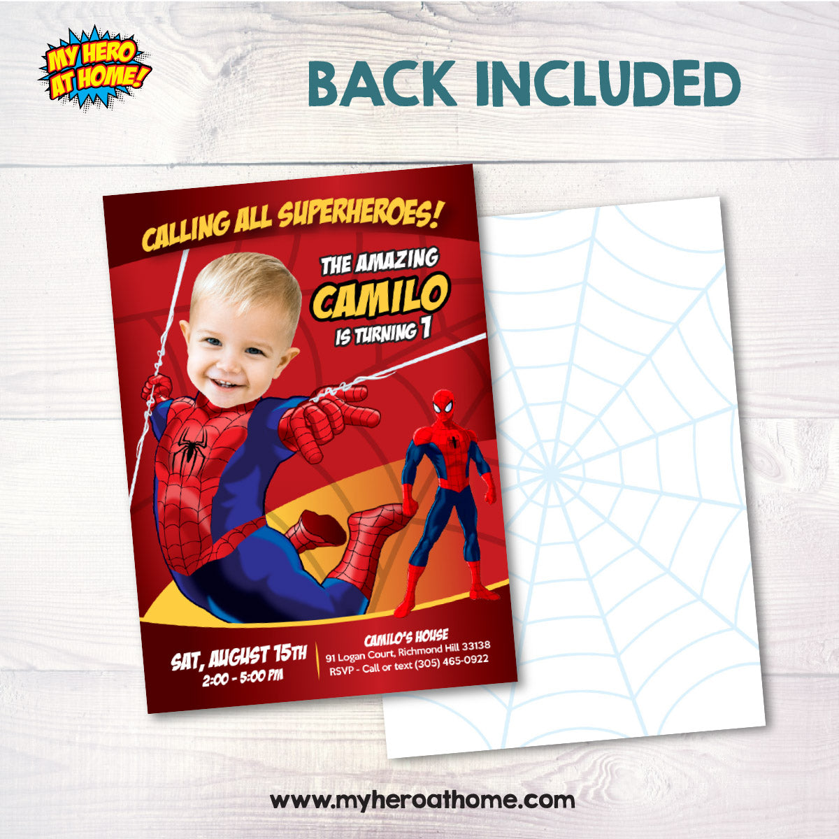 Custom Spiderman 1st Birthday Invitation featuring baby as a super cute Spiderman. 100