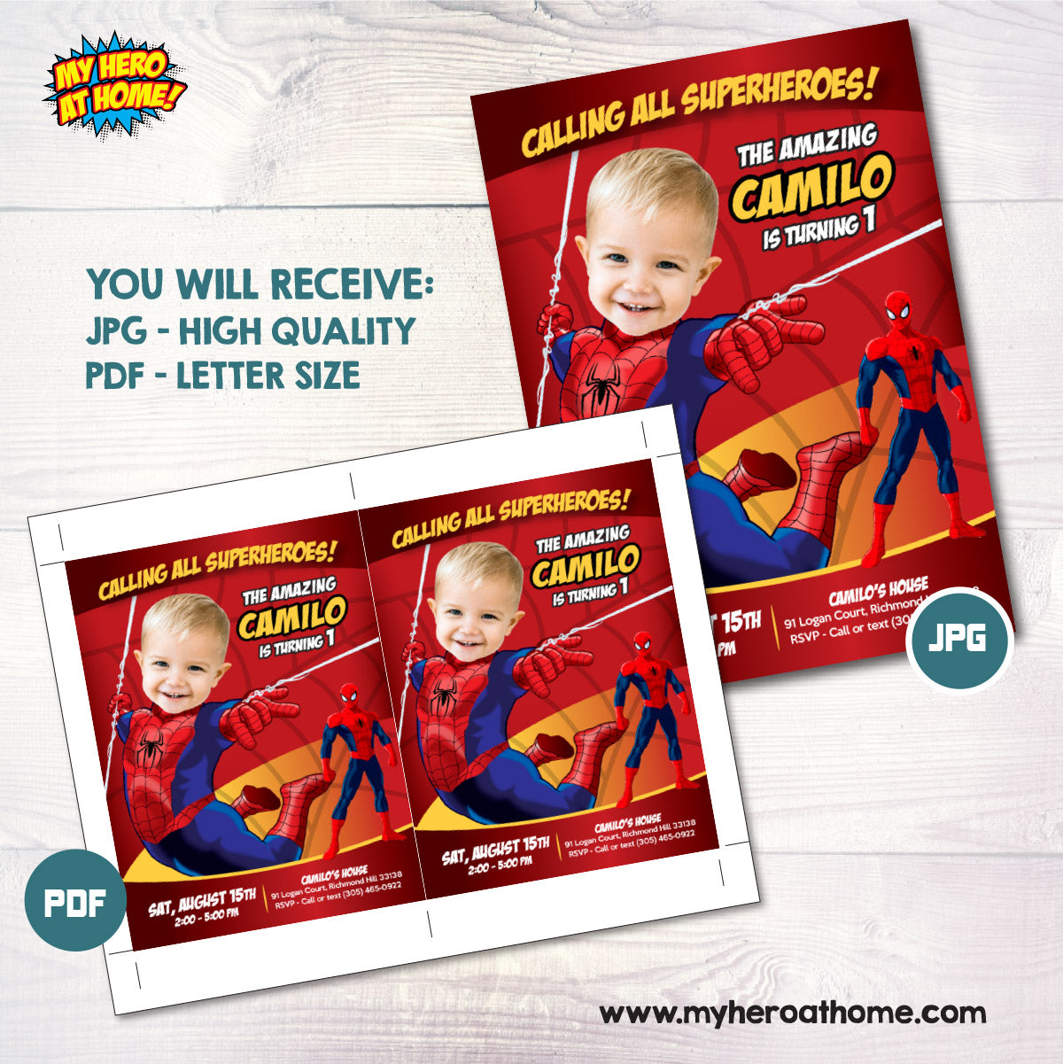 Custom Spiderman 1st Birthday Invitation featuring baby as a super cute Spiderman. 100