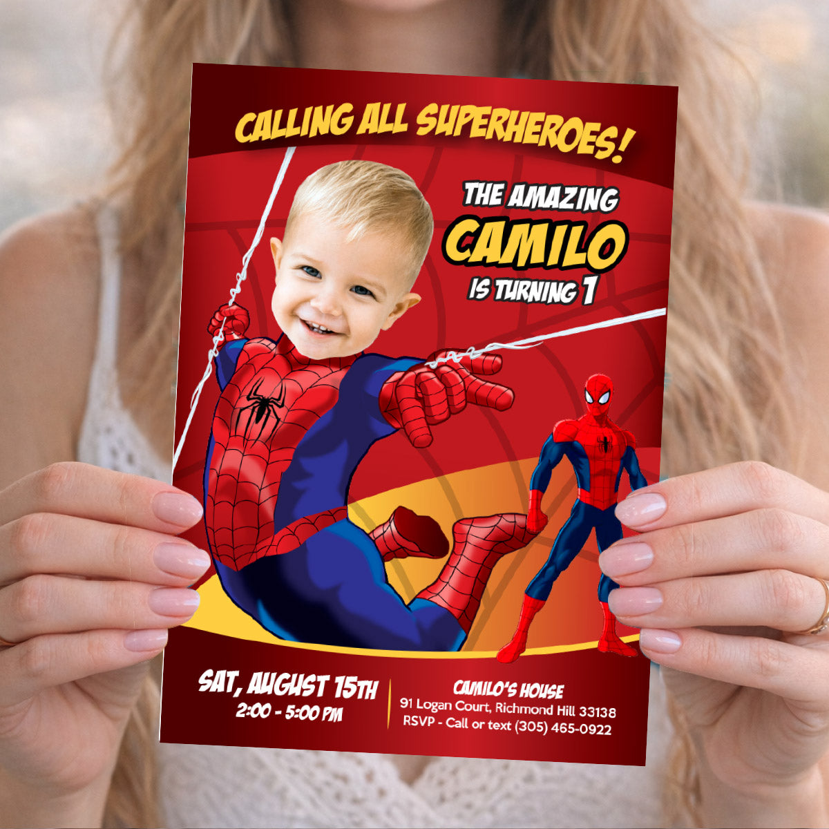 Custom Spiderman 1st Birthday Invitation featuring baby as a super cute Spiderman. 100