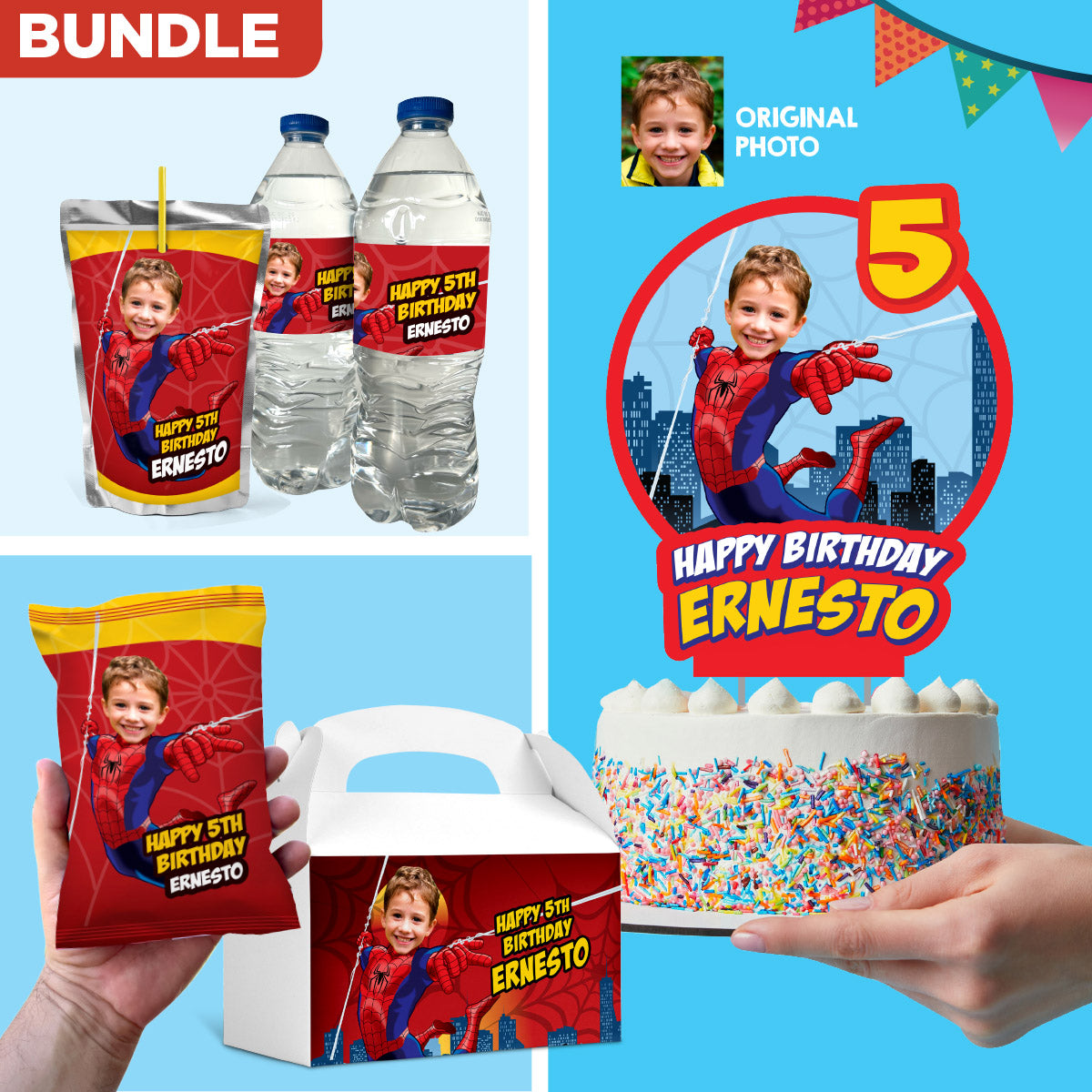 Bundle Spiderman Party table with kid as the Superhero, Cake Topper, snacks labels, Chip bags, Party favors. 101B1