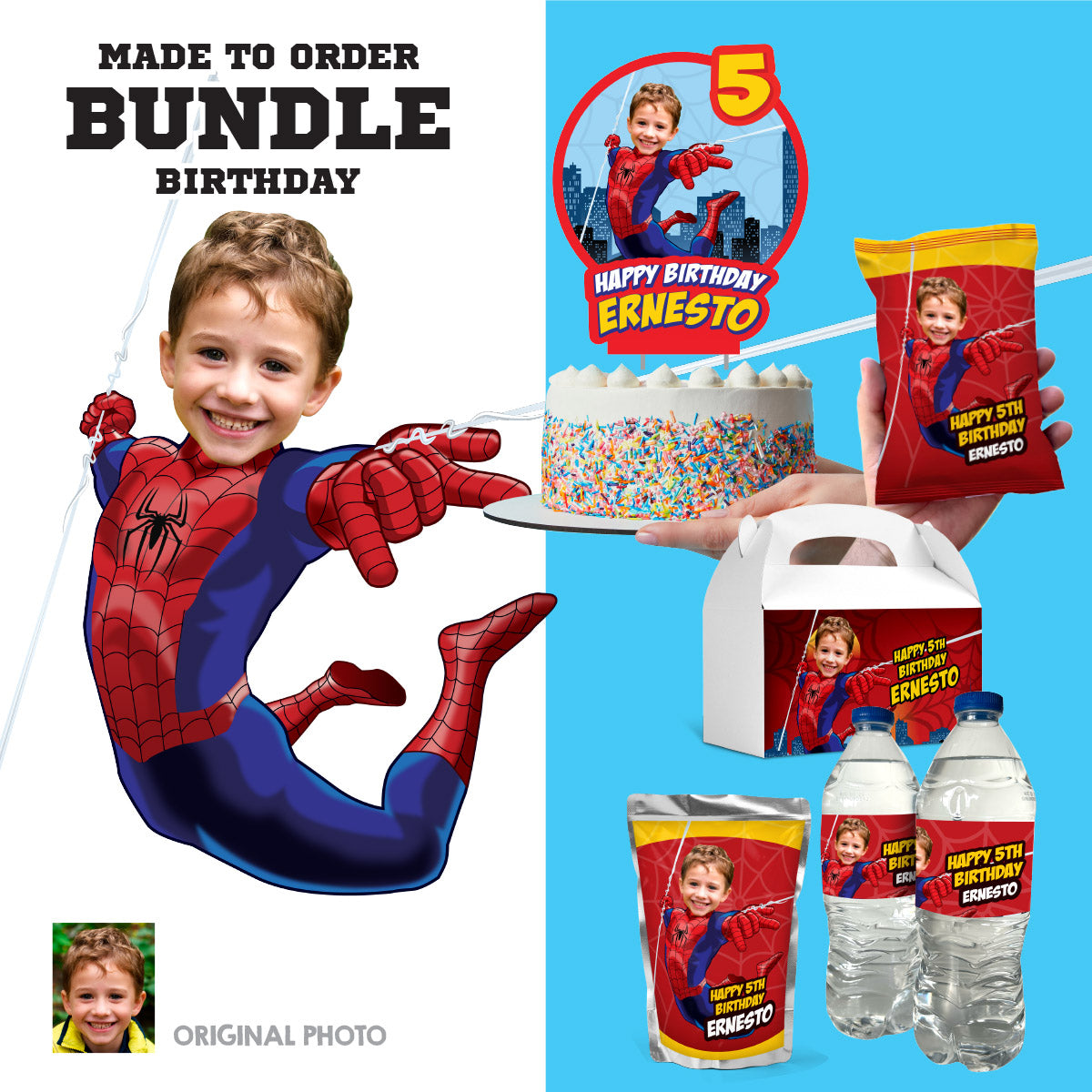 Bundle Spiderman Party table with kid as the Superhero, Cake Topper, snacks labels, Chip bags, Party favors. 101B1