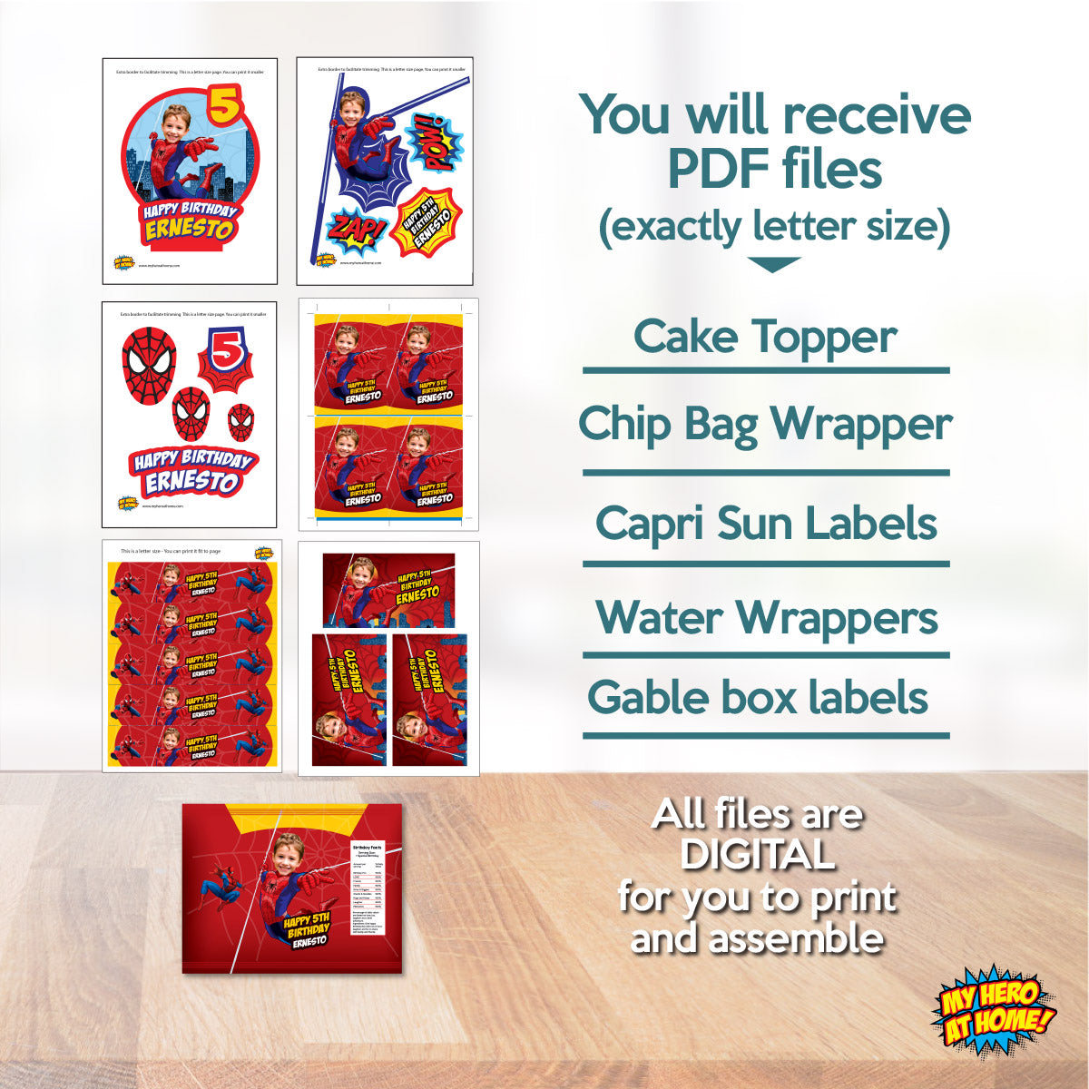 Bundle Spiderman Party table with kid as the Superhero, Cake Topper, snacks labels, Chip bags, Party favors. 101B1