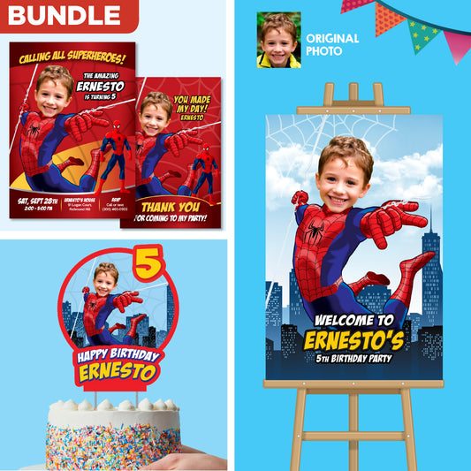 Bundle Spiderman Birthday matching items with photo: Invitation and Thank you, Cake Topper and Welcome Sign. 101B2
