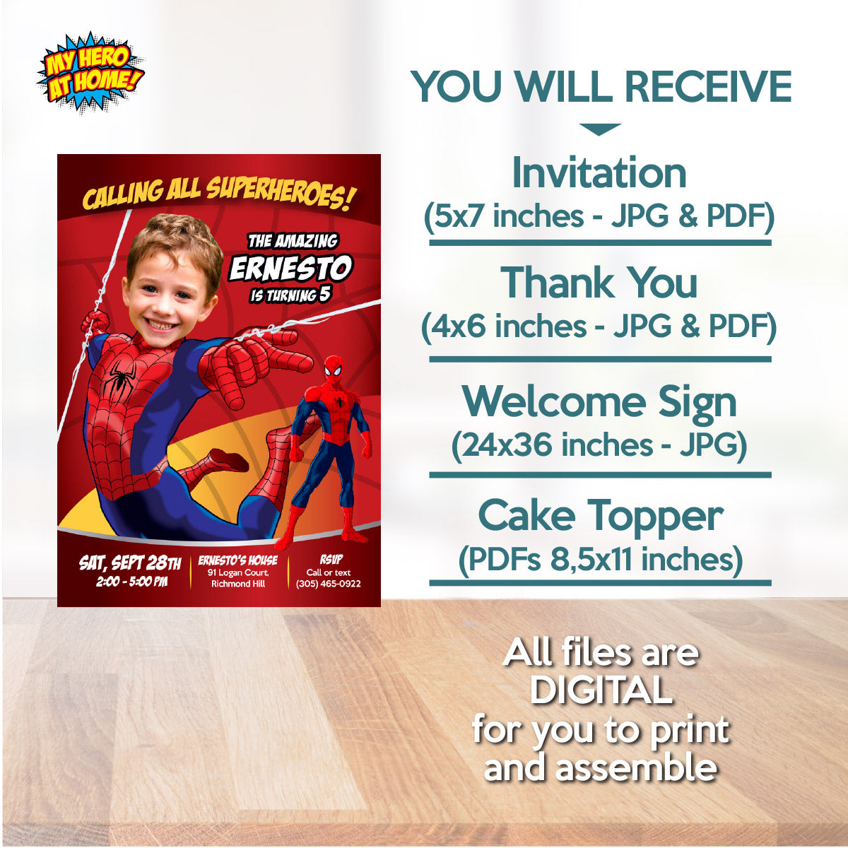 Bundle Spiderman Birthday matching items with photo: Invitation and Thank you, Cake Topper and Welcome Sign. 101B2
