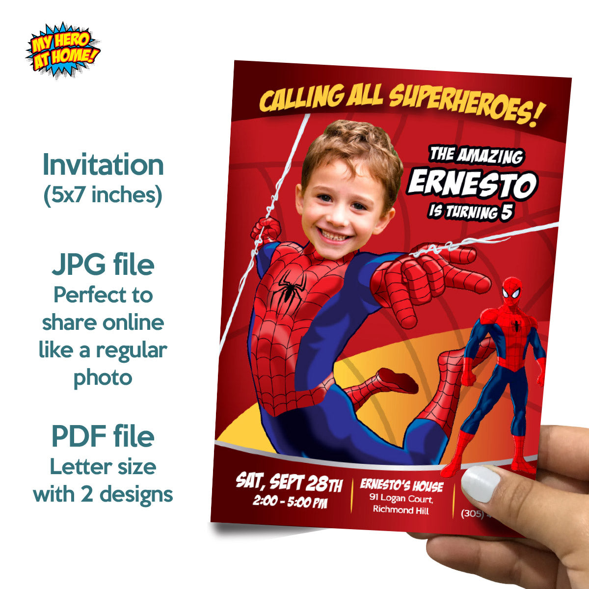 Bundle Spiderman Birthday matching items with photo: Invitation and Thank you, Cake Topper and Welcome Sign. 101B2