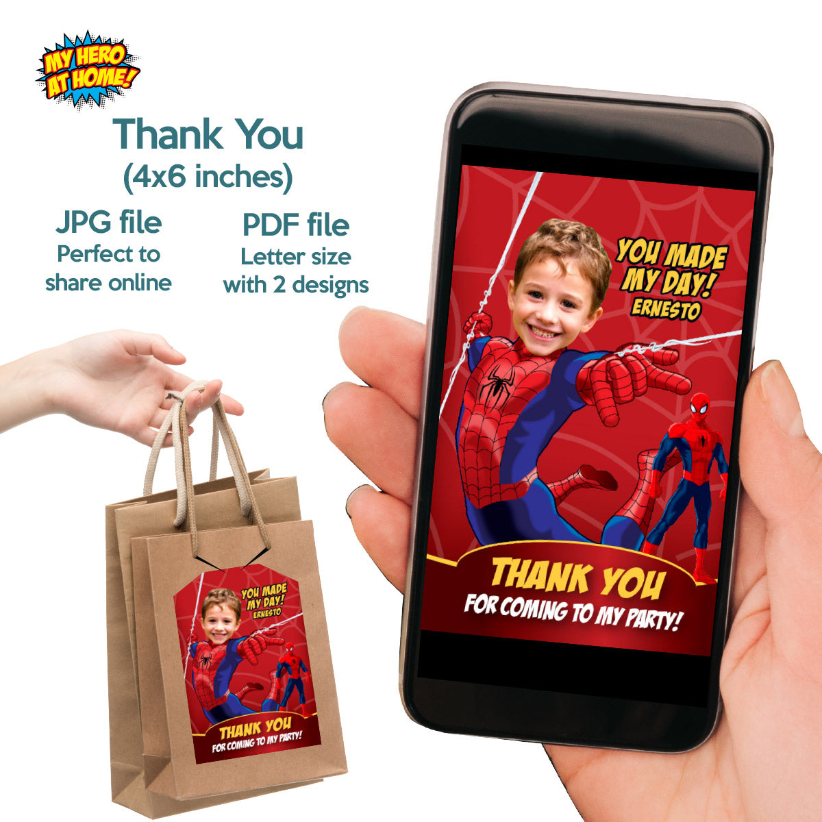 Bundle Spiderman Birthday matching items with photo: Invitation and Thank you, Cake Topper and Welcome Sign. 101B2