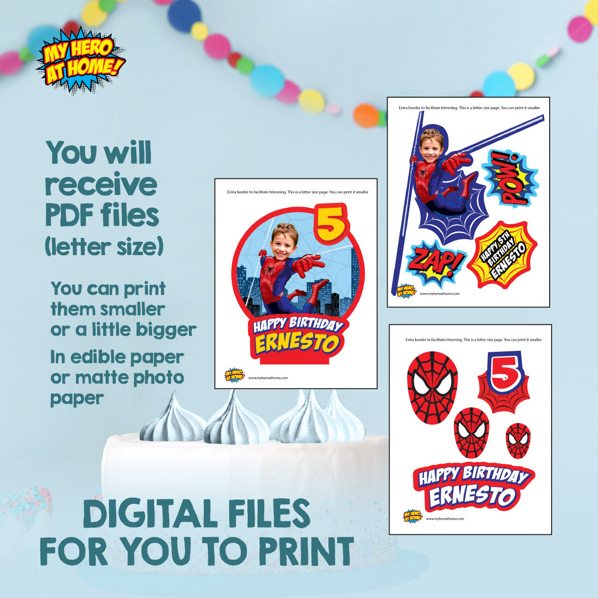 Bundle Spiderman Birthday matching items with photo: Invitation and Thank you, Cake Topper and Welcome Sign. 101B2