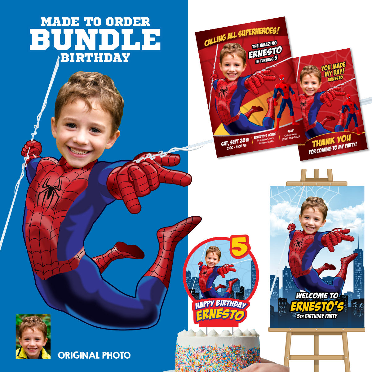Bundle Spiderman Birthday matching items with photo: Invitation and Thank you, Cake Topper and Welcome Sign. 101B2