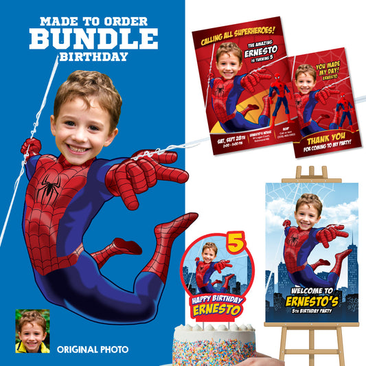 Bundle Spiderman Birthday matching items with photo: Invitation and Thank you, Cake Topper and Welcome Sign. 101B2