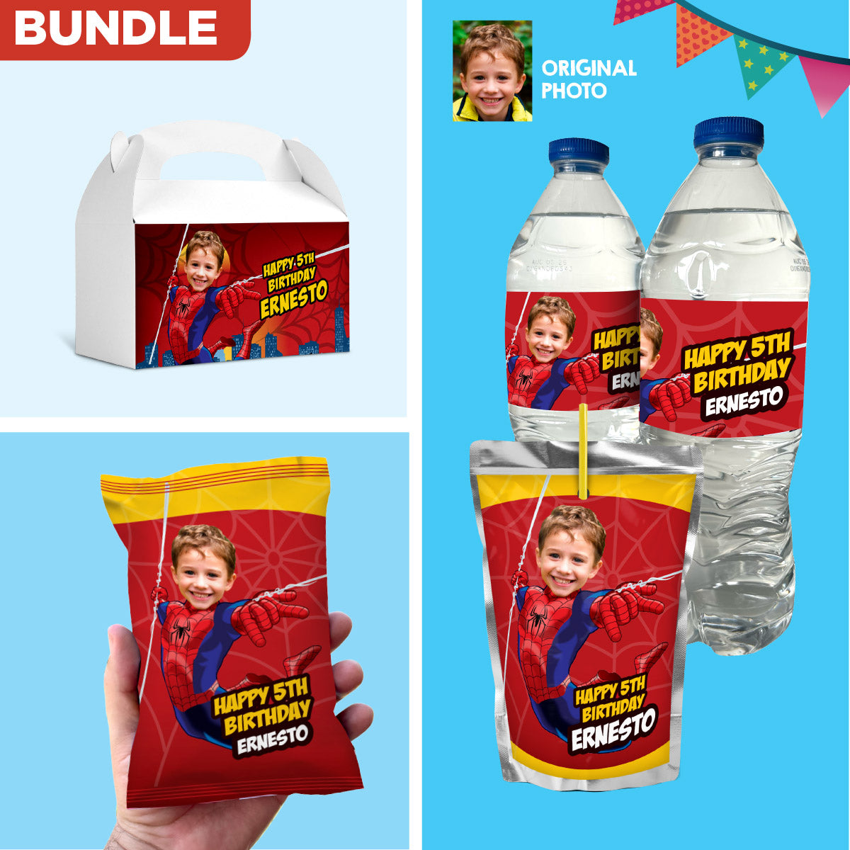 Customized Bundle Spiderman snacks labels with photo: water wrappers and Juice pouch, Chip bags, Candy boxes. 101B3