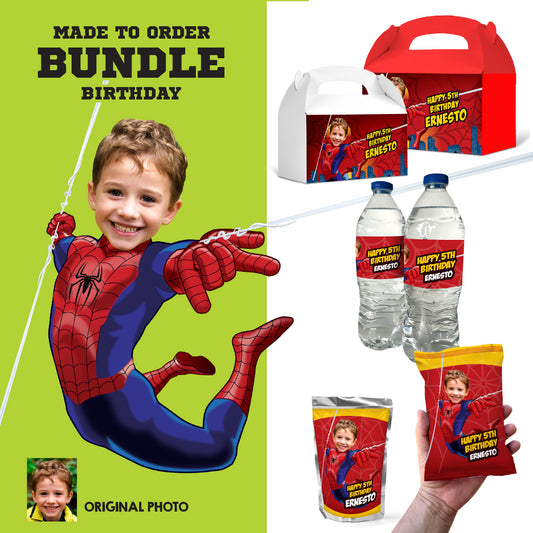 Customized Bundle Spiderman snacks labels with photo: water wrappers and Juice pouch, Chip bags, Candy boxes. 101B3