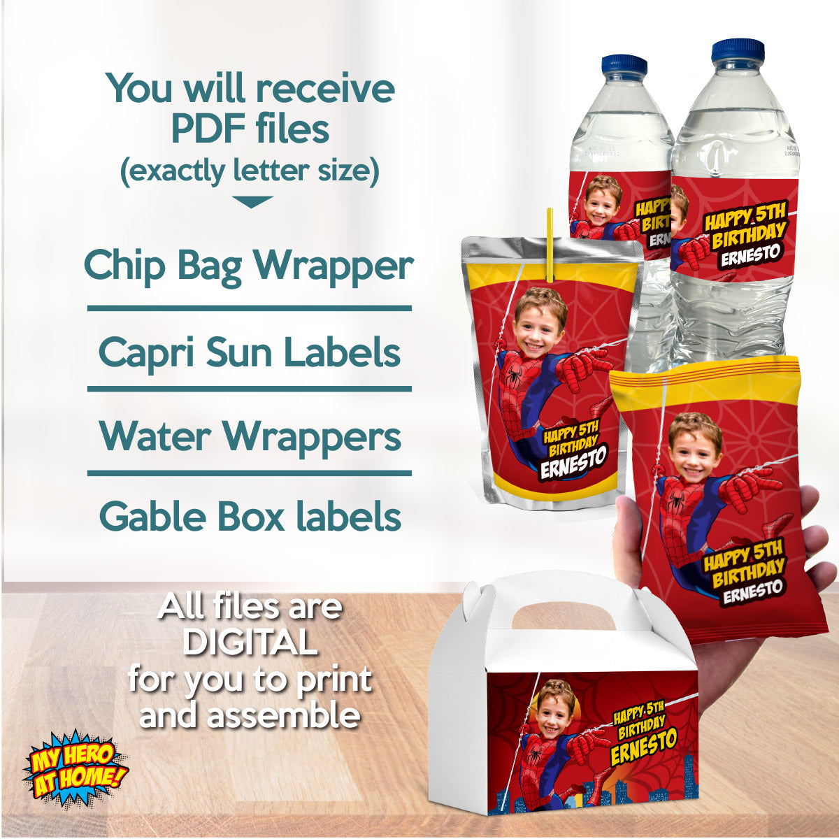 Customized Bundle Spiderman snacks labels with photo: water wrappers and Juice pouch, Chip bags, Candy boxes. 101B3