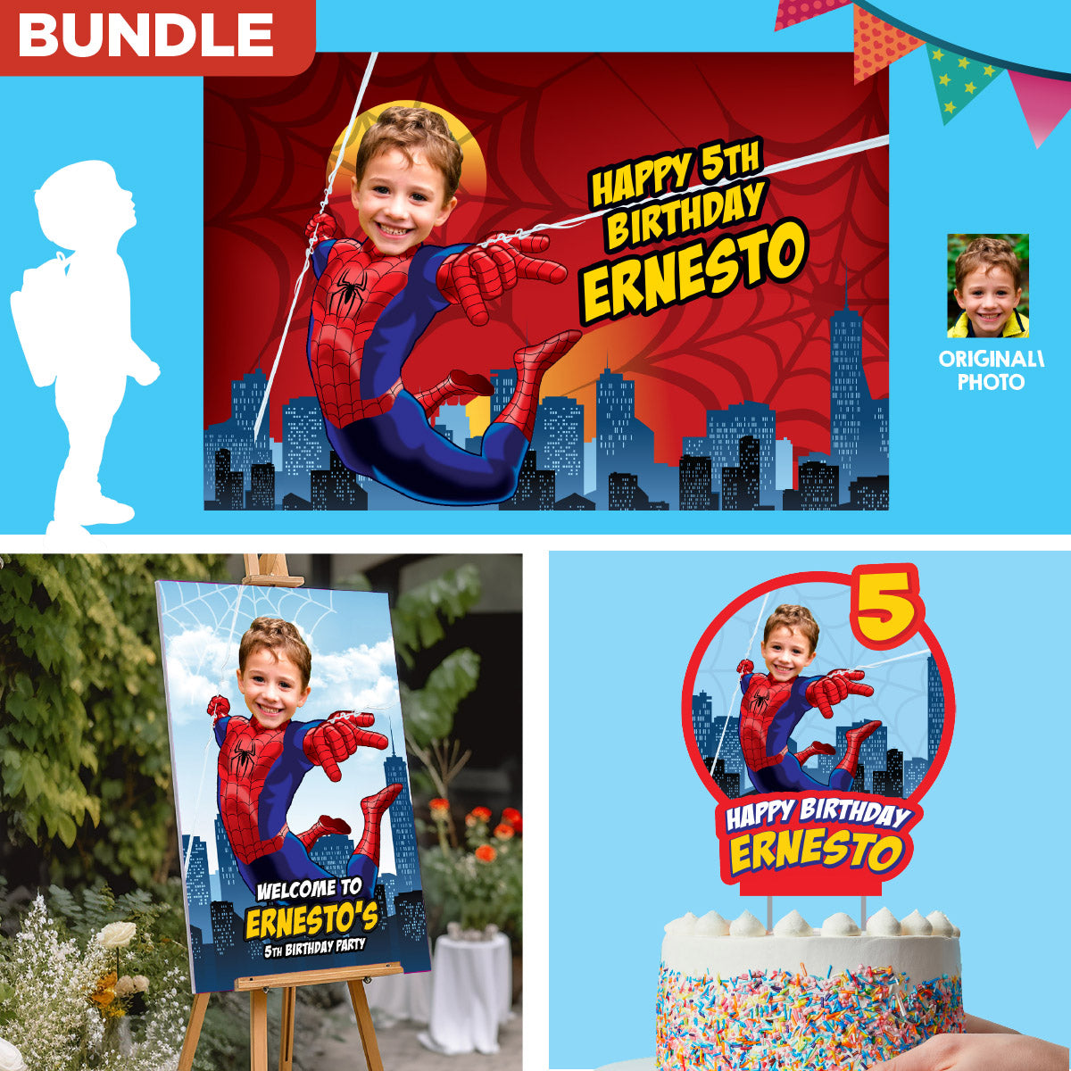 Bundle Spiderman Party decoration with birthday kid as the star: Banner Backdrop, Cake Topper and Welcome Sign. 101B4