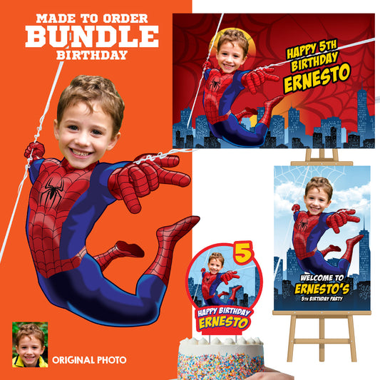 Bundle Spiderman Party decoration with birthday kid as the star: Banner Backdrop, Cake Topper and Welcome Sign. 101B4