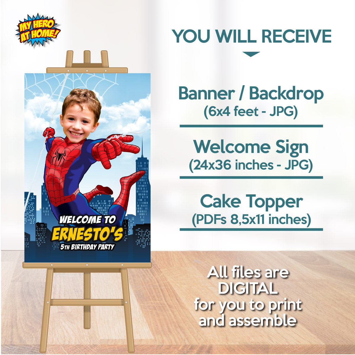 Bundle Spiderman Party decoration with birthday kid as the star: Banner Backdrop, Cake Topper and Welcome Sign. 101B4