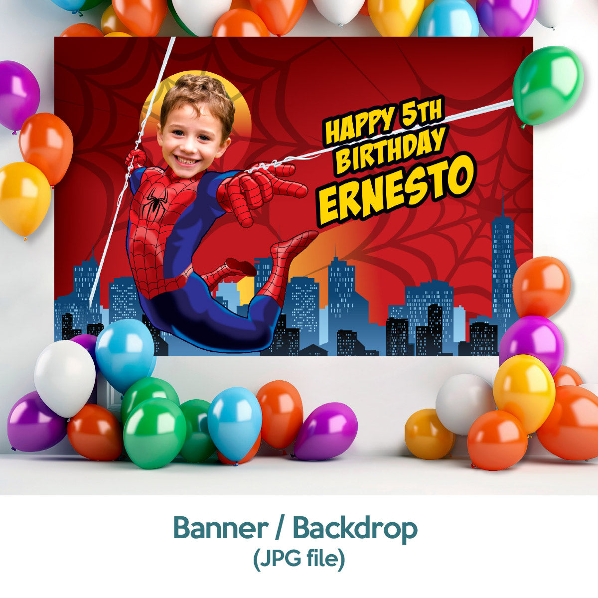 Bundle Spiderman Party decoration with birthday kid as the star: Banner Backdrop, Cake Topper and Welcome Sign. 101B4