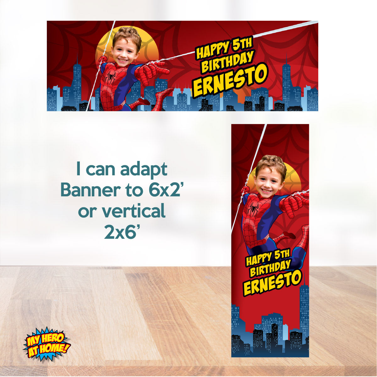 Bundle Spiderman Party decoration with birthday kid as the star: Banner Backdrop, Cake Topper and Welcome Sign. 101B4