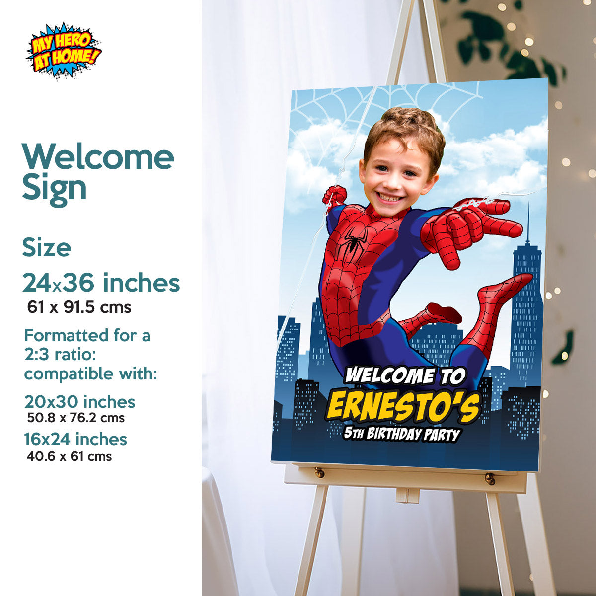 Bundle Spiderman Party decoration with birthday kid as the star: Banner Backdrop, Cake Topper and Welcome Sign. 101B4