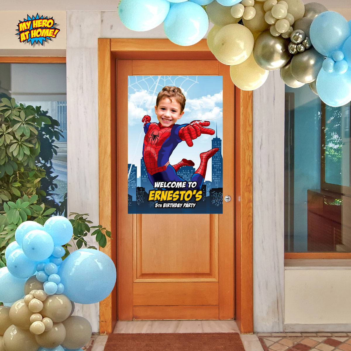 Bundle Spiderman Party decoration with birthday kid as the star: Banner Backdrop, Cake Topper and Welcome Sign. 101B4