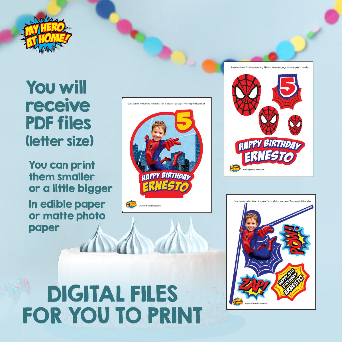 Bundle Spiderman Party decoration with birthday kid as the star: Banner Backdrop, Cake Topper and Welcome Sign. 101B4